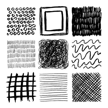 Kalem darbesi izi. Kalem karalaması. Kalem çizgileriyle el çizimi çizimi. Çapraz ya da paralel kapak. Siyah beyaz grunge arka planlar. Vektör kare kuluçka şekilleri ayarlandı