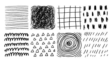 Kalem darbesi izi. Kalem karalaması. Kalem çizgileriyle el çizimi çizimi. Çapraz ya da paralel kapak. Siyah beyaz grunge arka planlar. Vektör kare kuluçka şekilleri ayarlandı