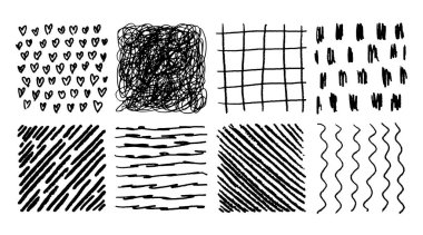 Kalem darbesi izi. Kalem karalaması. Kalem çizgileriyle el çizimi çizimi. Çapraz ya da paralel kapak. Siyah beyaz grunge arka planlar. Vektör kare kuluçka şekilleri ayarlandı