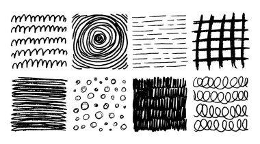 Kalem darbesi izi. Kalem karalaması. Kalem çizgileriyle el çizimi çizimi. Çapraz ya da paralel kapak. Siyah beyaz grunge arka planlar. Vektör kare kuluçka şekilleri ayarlandı