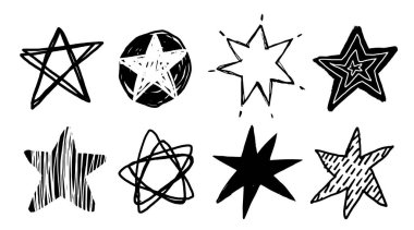 Elle çizilmiş bir dizi siyah karalama tarzı yıldız. Grunge karalamaları, kömür karalamaları, fırça darbeleri, altçizgiler. Cesur kömür kömürü yıldızları. Boya kalemi veya kalem karalamaları