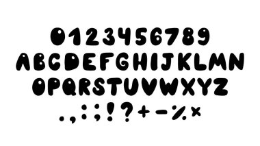 90 'lardan ve Y2K temalarından esinlenilmiş oyuncu siyah balon yazı tipi. Kabarık çizgi film harfleri moda ve eğlenceli tasarımlar için mükemmel. Büyük harf, sayı ve sembolleri içerir.