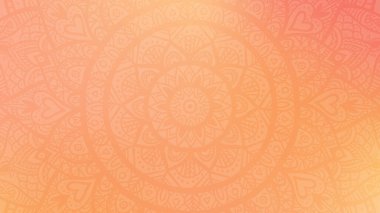 Rüya gibi şeftali tüyü gradyan arka planda yuvarlak mandala. Mandala şeklinde şeffaf ağ deseni. Çiçek desenli mandala. Pastel Yoga şablonu.