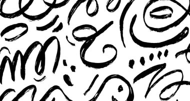 Dalgalı ve girdaplı fırça darbeleri vektör deseni. Siyah el yazması karalamalar, soyut mürekkep arkaplanı. Fırça darbeleri, lekeler, çizgiler, kıvrımlar. Soyut grunge karalamaları duvar kağıdı tasarımı