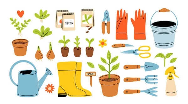 Állítsa Kertészeti Tárgyak Kézzel Rajzolt Rajzfilm Stílusban Különféle Mezőgazdasági Kerti — Stock Vector