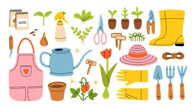 El çizimi karikatür tarzında bahçe eşyaları. Bahar işleri için çeşitli tarım ve bahçe aletleri. Bitkiler, çiçekler, otlar, filizler. Vektör klibi resim çizimi.