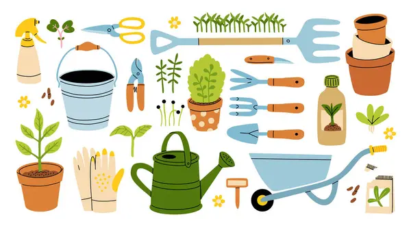 Set Gardening Items Hand Drawn Cartoon Style Various Agricultural Garden — Stock Vector