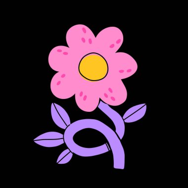 Soyut tatlı bahar çiçeğiyle vektör çizimi ve düz çizgi film tarzında yapraklar. Çocuk tasarımı, kumaş, ambalaj, tekstil, duvar kağıdı