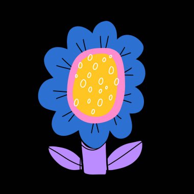 Soyut tatlı bahar çiçeğiyle vektör çizimi ve düz çizgi film tarzında yapraklar. Çocuk tasarımı, kumaş, ambalaj, tekstil, duvar kağıdı