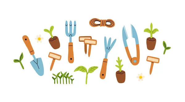 Set Gardening Items Hand Drawn Cartoon Style Various Agricultural Garden — Stock Vector