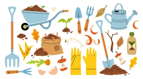 Set Cartoon Flat Icons Organic Composting Theme Garden Tools Bag — Stock Vector