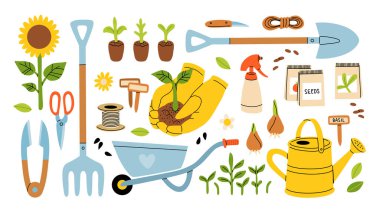 Set of gardening items in hand drawn cartoon style. Various agricultural and garden tools for spring work. Growing plants, flowers and herbs, seedling. Vector clip art illustration. clipart