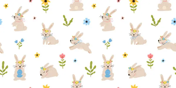 Nydelig Håndtegnet Påske Sømløs Mønster Med Kaniner Doodler Blomster Påskeegg – stockvektor