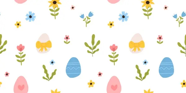 Nydelig Håndtegnet Påske Sømløs Mønster Med Kaniner Doodler Blomster Påskeegg – stockvektor