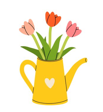 Yay vektör eli, sarı sulu teneke ve bir buket lale çizimi. Baskı, tekstil, kumaş, yapıştırma kitabı, duvar kağıdı, poster, afiş için iyi.