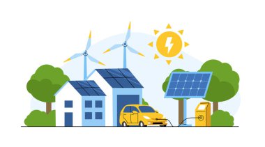 Yenilenebilir enerji kavramı. Yenilenebilir kaynaklardan, güneşten ve rüzgardan gelen temiz elektrik enerjisinin vektör çizimi. Sürdürülebilir yeşil enerji, yenilenebilir enerji kaynakları ve yeşil elektrik