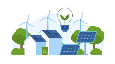 Yenilenebilir enerji kavramı. Yenilenebilir kaynaklardan, güneşten ve rüzgardan gelen temiz elektrik enerjisinin vektör çizimi. Sürdürülebilir yeşil enerji, yenilenebilir enerji kaynakları ve yeşil elektrik