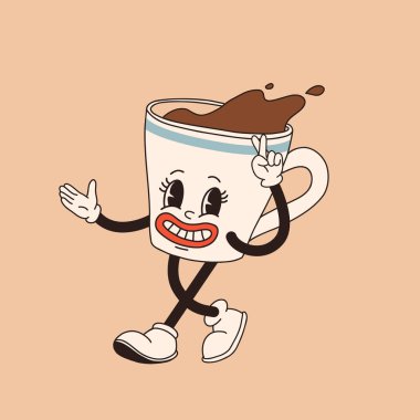 Retro çizgi film kahve fincanı karakteri. Farklı pozlarda kupa maskotu. 60 'lar 70' ler 80 'ler modası geçmiş vektör çizimi. Espresso koyu kahve fincanı..