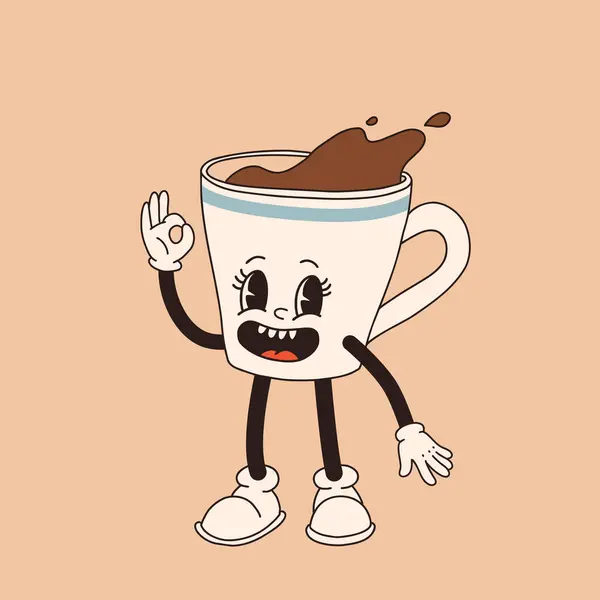 Retro Tegneserie Kaffekopp Karakter Mug Mascot Forskjellige Poser 60S 70S – stockvektor