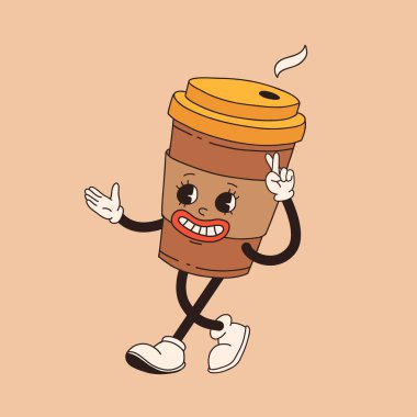 Retro çizgi film kahve fincanı karakteri. Farklı pozlarda kupa maskotu. 60 'lar 70' ler 80 'ler modası geçmiş vektör çizimi. Espresso, latte, cappuccino, sade kahve fincanı.