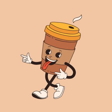 Retro çizgi film kahve fincanı karakteri. Farklı pozlarda kupa maskotu. 60 'lar 70' ler 80 'ler modası geçmiş vektör çizimi. Espresso, latte, cappuccino, sade kahve fincanı.