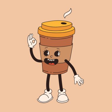 Retro çizgi film kahve fincanı karakteri. Farklı pozlarda kupa maskotu. 60 'lar 70' ler 80 'ler modası geçmiş vektör çizimi. Espresso, latte, cappuccino, sade kahve fincanı.