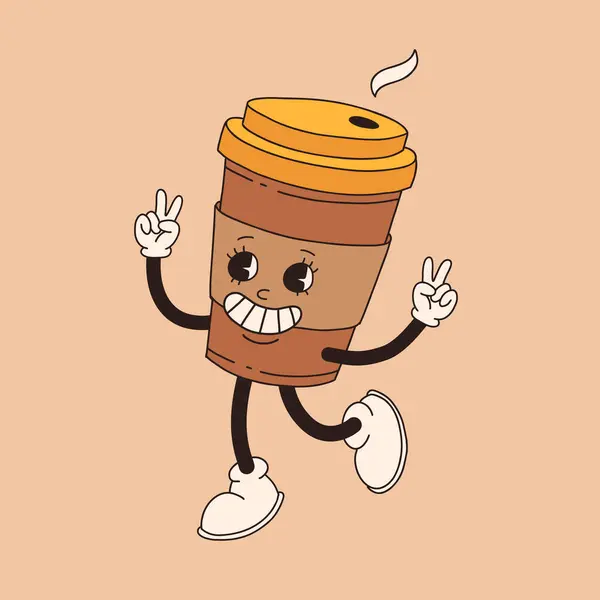 Cupa Cafea Retro Desene Animate Mascota Cană Diferite Poziții 60S — Vector de stoc