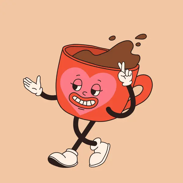 Ρετρό Χαρακτήρας Κύπελλο Καφέ Κινουμένων Σχεδίων Μασκότ Διαφορετικές Πόζες 60S — Διανυσματικό Αρχείο