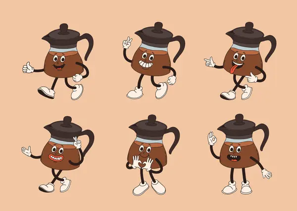 Retro Tegneserie Kaffekopp Karakter Sett Mug Mascot Forskjellige Poser 60S – stockvektor