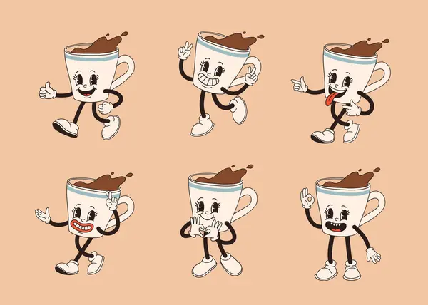 Ρετρό Σετ Χαρακτήρων Κύπελλο Καφέ Κινουμένων Σχεδίων Μασκότ Διαφορετικές Πόζες — Διανυσματικό Αρχείο