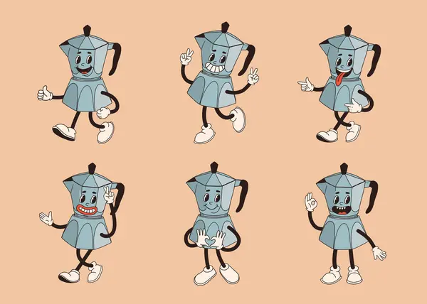 Conjunto Personagens Retro Desenho Animado Xícara Café Mascote Caneca Poses — Vetor de Stock