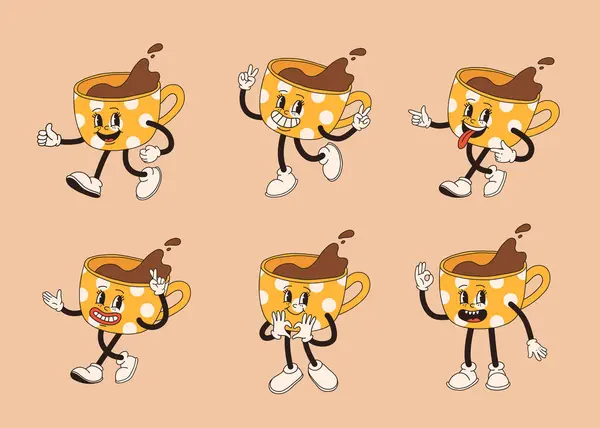 Retro Tegneserie Kaffekopp Karakter Sett Mug Mascot Forskjellige Poser 60S – stockvektor