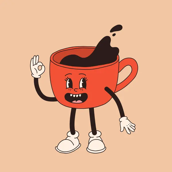 Retro Tegneserie Kaffekopp Karakter Mug Mascot Forskjellige Poser 60S 70S – stockvektor