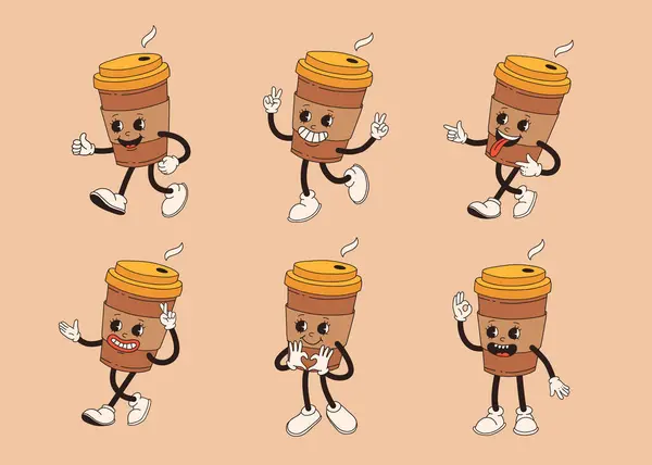Retro Dibujos Animados Taza Café Personaje Conjunto Taza Mascota Diferentes — Vector de stock