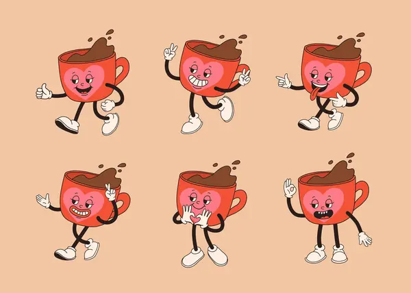 Retro Dibujos Animados Taza Café Personaje Conjunto Taza Mascota Diferentes — Vector de stock