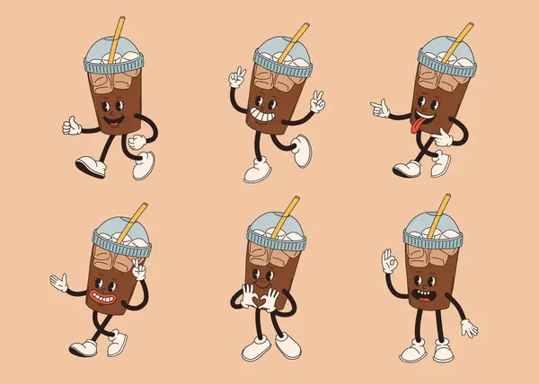 Set Caractere Cești Cafea Retro Desene Animate Mascota Cană Diferite — Vector de stoc