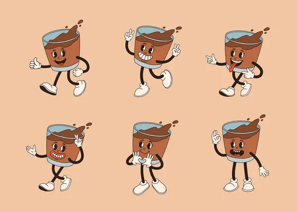 Set Karakter Cangkir Kopi Kartun Retro Maskot Mug Dalam Pose - Stok Vektor