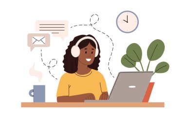 Ev vektörü düz stil illüstrasyonunda çalışıyorum. Çevrimiçi kariyer. Merkez ofis illüstrasyonu. Evde bilgisayar ya da dizüstü bilgisayarda çalışan genç bir kadın. İş kadını karantinada.