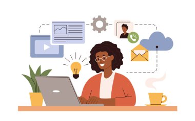 Ev vektörü düz stil illüstrasyonunda çalışıyorum. Çevrimiçi kariyer. Merkez ofis illüstrasyonu. Evde bilgisayar ya da dizüstü bilgisayarda çalışan genç bir kadın. İş kadını karantinada.