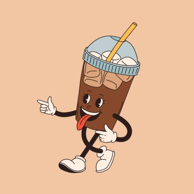 Retro çizgi film kahve fincanı karakteri. Farklı pozlarda kupa maskotu. 60 'lar 70' ler 80 'ler modası geçmiş vektör çizimi. Espresso, latte, cappuccino, sade kahve fincanı.