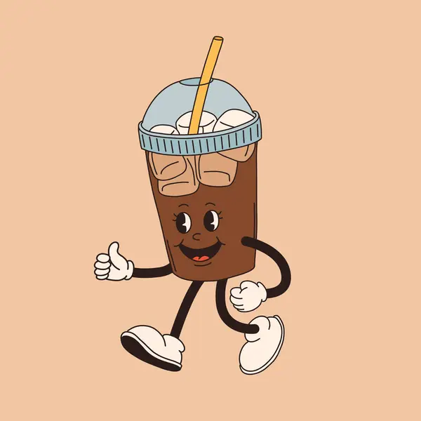 复古卡通片咖啡杯角色 不同姿势的杯子吉祥物 60年代70年代80年代的凹凸不平等高线矢量图解 浓缩咖啡 卡布奇诺 黑咖啡杯 图库插图