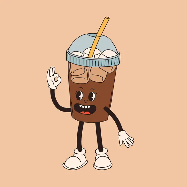 レトロ漫画コーヒーカップのキャラクター 異なるポーズでマスコット 60S 70S 80S グルービー 輪郭ベクトルのイラスト エスプレッソ カプチーノ ブラックコーヒーカップ — ストックベクタ