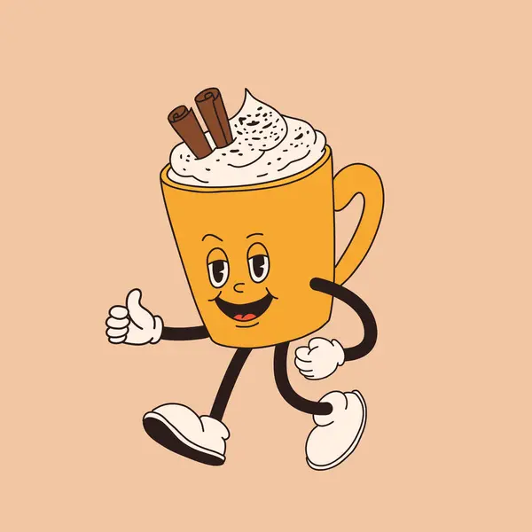 复古卡通片咖啡杯角色 不同姿势的杯子吉祥物 60年代70年代80年代的凹凸不平等高线矢量图解 浓缩咖啡 卡布奇诺 黑咖啡杯 图库矢量图片