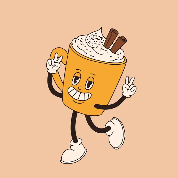 Personagem Retro Desenho Animado Xícara Café Mascote Caneca Poses Diferentes —  Vetores de Stock
