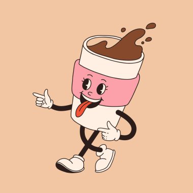 Retro çizgi film kahve fincanı karakteri. Farklı pozlarda kupa maskotu. 60 'lar 70' ler 80 'ler modası geçmiş vektör çizimi. Espresso, latte, cappuccino, sade kahve fincanı.