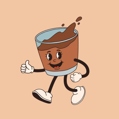 Retro çizgi film kahve fincanı karakteri. Farklı pozlarda kupa maskotu. 60 'lar 70' ler 80 'ler modası geçmiş vektör çizimi. Espresso, latte, cappuccino, sade kahve fincanı.