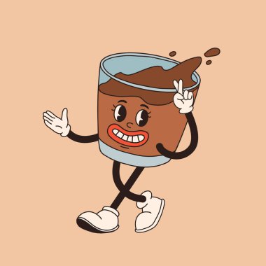 Retro çizgi film kahve fincanı karakteri. Farklı pozlarda kupa maskotu. 60 'lar 70' ler 80 'ler modası geçmiş vektör çizimi. Espresso, latte, cappuccino, sade kahve fincanı.