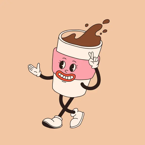 Personagem Retro Desenho Animado Xícara Café Mascote Caneca Poses Diferentes — Vetor de Stock