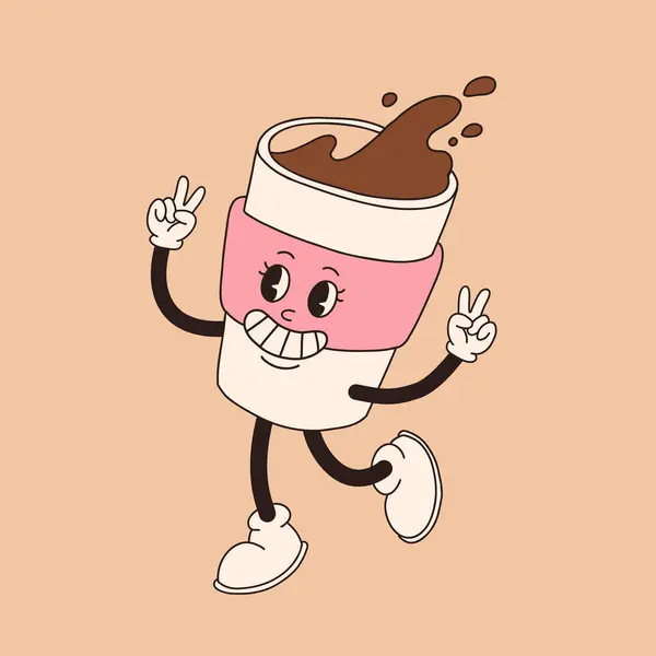Retro Cartoon Coffee Cup Character Mug Mascot Different Poses 60S Stock Illustration