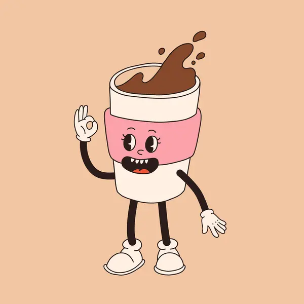 Personagem Retro Desenho Animado Xícara Café Mascote Caneca Poses Diferentes Gráficos Vetores